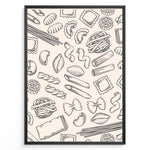 Indlæs billede til gallerivisning Minimalist pasta pattern wall art with hand-drawn line illustrations of penne, ravioli, fusilli, and spaghetti on a beige background, framed in black for modern kitchen décor.

