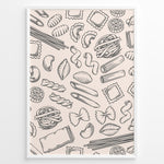 Indlæs billede til gallerivisning Minimalist pasta pattern wall art with hand-drawn line illustrations of penne, ravioli, fusilli, and spaghetti on a beige background, framed in black for modern kitchen décor.
