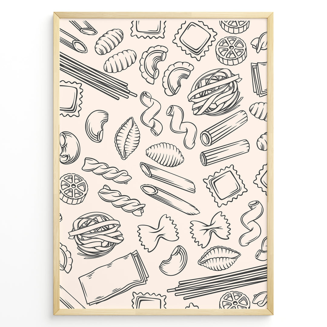 Minimalist pasta pattern wall art with hand-drawn line illustrations of penne, ravioli, fusilli, and spaghetti on a beige background, framed in black for modern kitchen décor.