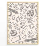 Indlæs billede til gallerivisning Minimalist pasta pattern wall art with hand-drawn line illustrations of penne, ravioli, fusilli, and spaghetti on a beige background, framed in black for modern kitchen décor.

