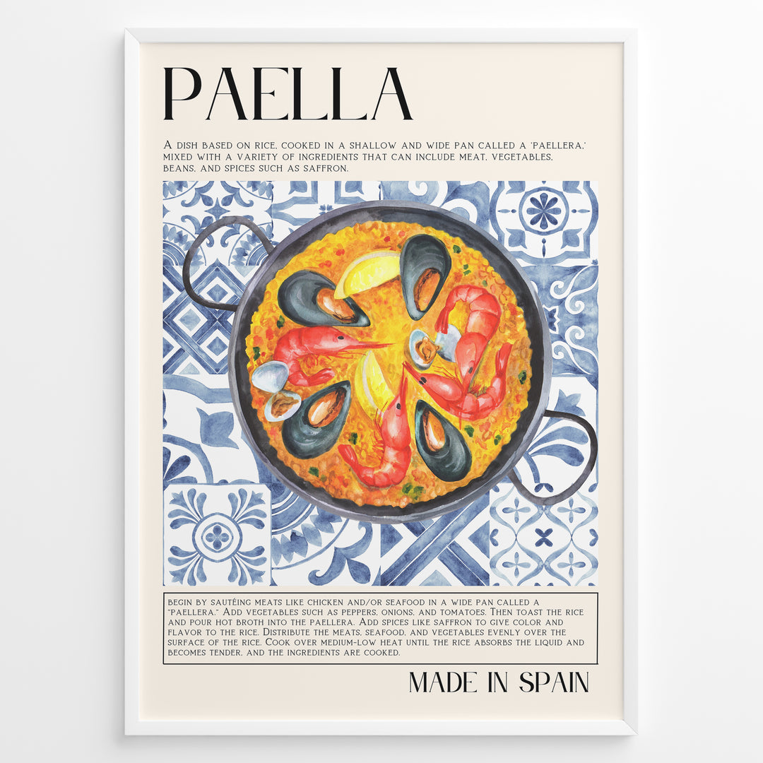 Watercolor paella wall art showing seafood, rice, and mussels on blue patterned tiles, framed in black, ideal for Spanish kitchen or restaurant wall decoration.