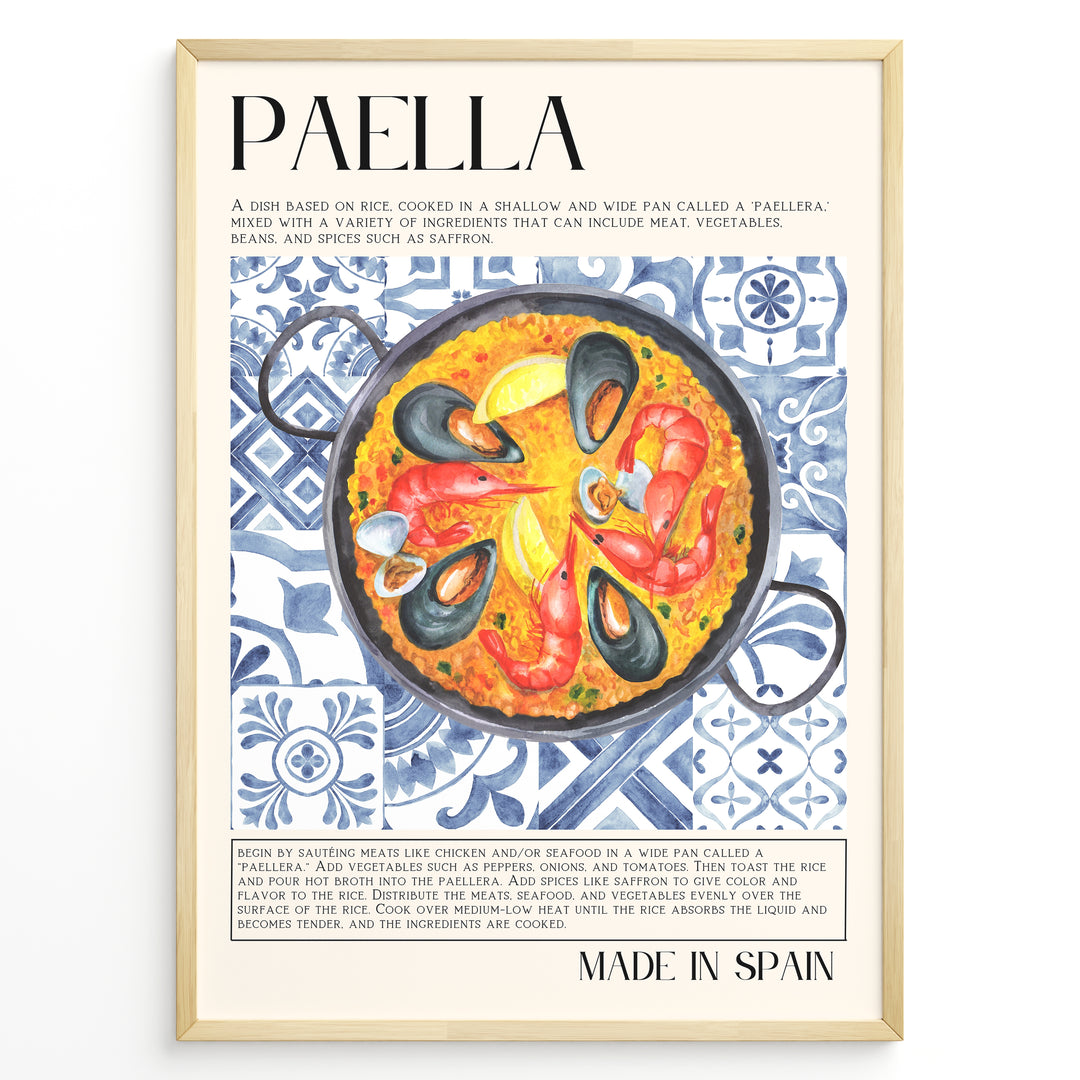 Watercolor paella wall art showing seafood, rice, and mussels on blue patterned tiles, framed in black, ideal for Spanish kitchen or restaurant wall decoration.