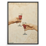 Indlæs billede til gallerivisning Art print plakat of two realistic hands clinking wine glasses, inspired by Michelangelo’s Creation of Adam, with beige marble texture background in a black frame.
