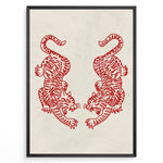 Indlæs billede til gallerivisning Minimalist red cutout-style illustration of two mirrored tigers on a light textured background in a framed poster.
