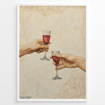 Indlæs billede til gallerivisning Art print plakat of two realistic hands clinking wine glasses, inspired by Michelangelo’s Creation of Adam, with beige marble texture background in a white frame.

