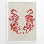 Indlæs billede til gallerivisning Minimalist red cutout-style illustration of two mirrored tigers on a light textured background in a framed poster.
