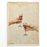 Indlæs billede til gallerivisning Art print plakat of two realistic hands clinking wine glasses, inspired by Michelangelo’s Creation of Adam, with beige marble texture background in a golden frame.

