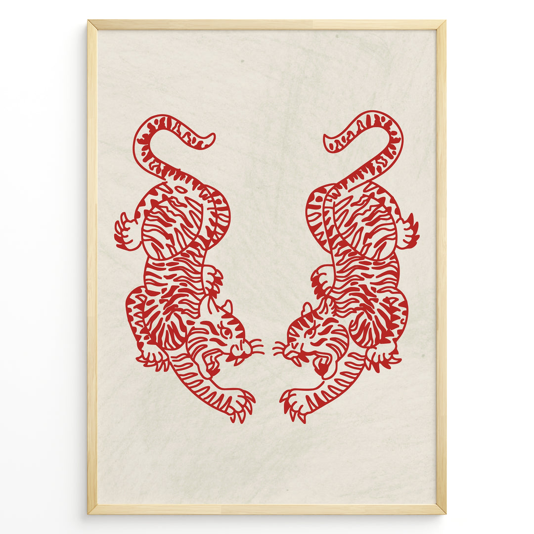 Minimalist red cutout-style illustration of two mirrored tigers on a light textured background in a framed poster.