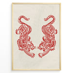 Indlæs billede til gallerivisning Minimalist red cutout-style illustration of two mirrored tigers on a light textured background in a framed poster.
