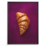 Indlæs billede til gallerivisning Golden glitter croissant art print plakat on deep purple background framed in black.
