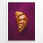 Indlæs billede til gallerivisning Golden glitter croissant art print plakat on deep purple background framed in black.
