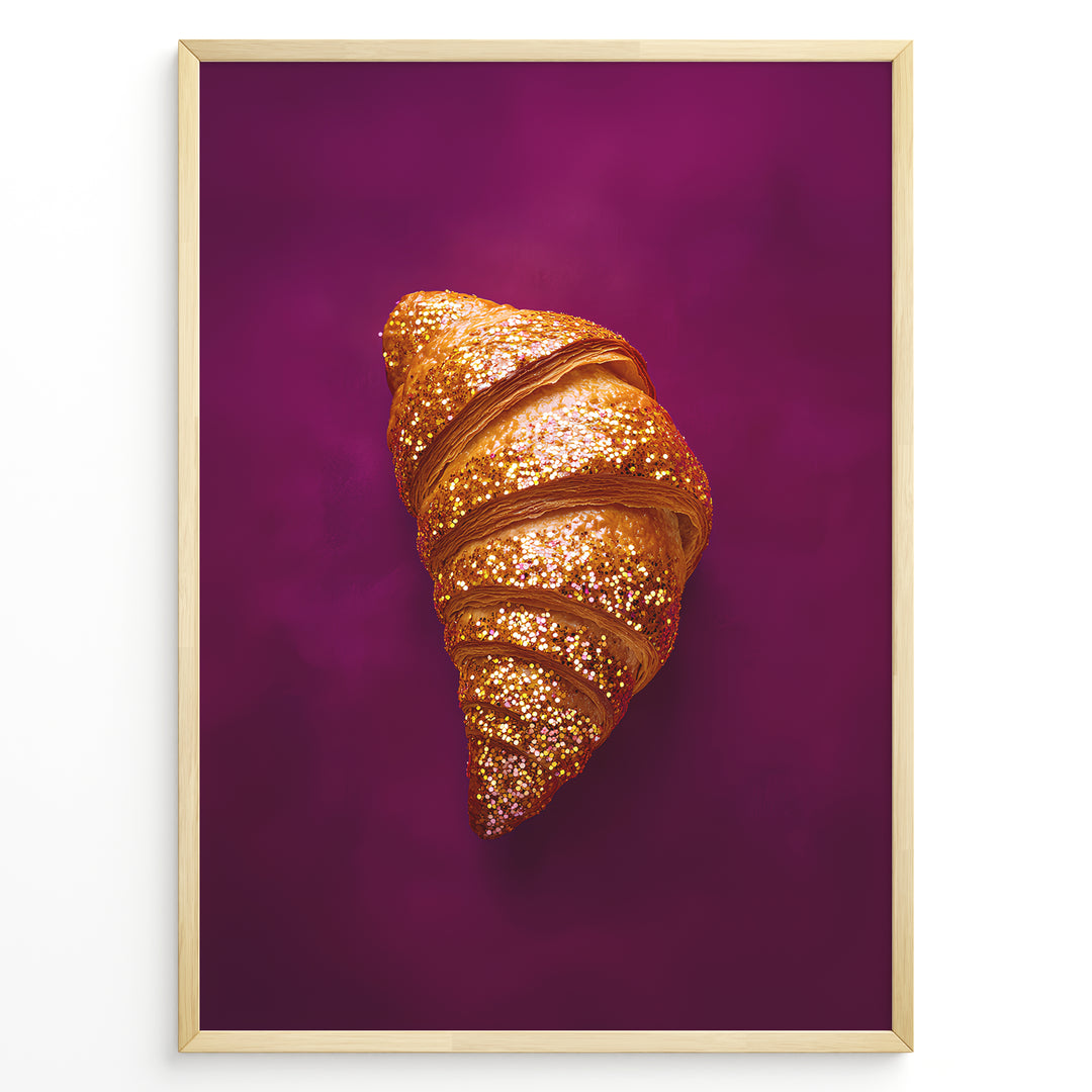 Golden glitter croissant art print plakat on deep purple background framed in black.