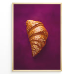 Indlæs billede til gallerivisning Golden glitter croissant art print plakat on deep purple background framed in black.
