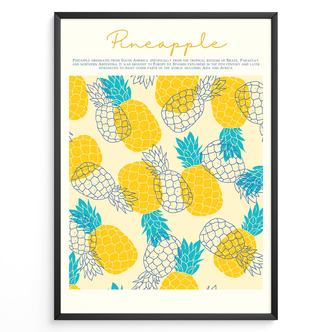 Tropical pineapple wall art featuring yellow and blue illustrated pineapples with text about pineapple origins, framed in black, ideal for kitchen or summer-inspired wall décor.