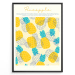 Indlæs billede til gallerivisning Tropical pineapple wall art featuring yellow and blue illustrated pineapples with text about pineapple origins, framed in black, ideal for kitchen or summer-inspired wall décor.
