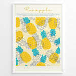Indlæs billede til gallerivisning Tropical pineapple wall art featuring yellow and blue illustrated pineapples with text about pineapple origins, framed in black, ideal for kitchen or summer-inspired wall décor.
