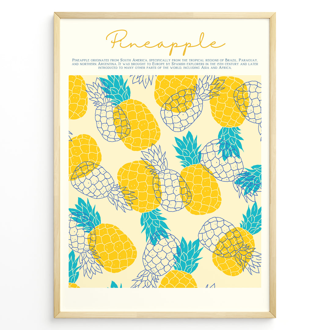 Tropical pineapple wall art featuring yellow and blue illustrated pineapples with text about pineapple origins, framed in black, ideal for kitchen or summer-inspired wall décor.
