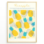 Indlæs billede til gallerivisning Tropical pineapple wall art featuring yellow and blue illustrated pineapples with text about pineapple origins, framed in black, ideal for kitchen or summer-inspired wall décor.
