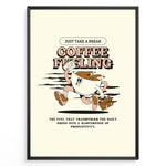 Indlæs billede til gallerivisning Motivational coffee wall art showing a cartoon coffee cup running with papers and a briefcase, featuring the quote “Coffee Fueling – Just Take a Break,” ideal for office or kitchen décor.
