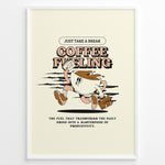Indlæs billede til gallerivisning Motivational coffee wall art showing a cartoon coffee cup running with papers and a briefcase, featuring the quote “Coffee Fueling – Just Take a Break,” ideal for office or kitchen décor.
