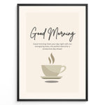 Indlæs billede til gallerivisning Minimalist wall art featuring a coffee cup illustration and the text “Good Morning – Start your day right with our energizing brew,” ideal for kitchen or café wall decoration.
