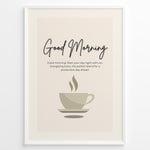 Indlæs billede til gallerivisning Minimalist wall art featuring a coffee cup illustration and the text “Good Morning – Start your day right with our energizing brew,” ideal for kitchen or café wall decoration.
