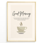 Indlæs billede til gallerivisning Minimalist wall art featuring a coffee cup illustration and the text “Good Morning – Start your day right with our energizing brew,” ideal for kitchen or café wall decoration.
