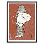 Indlæs billede til gallerivisning Woodblock-style illustration of a Japanese samurai in traditional clothing on a textured background in a framed poster.
