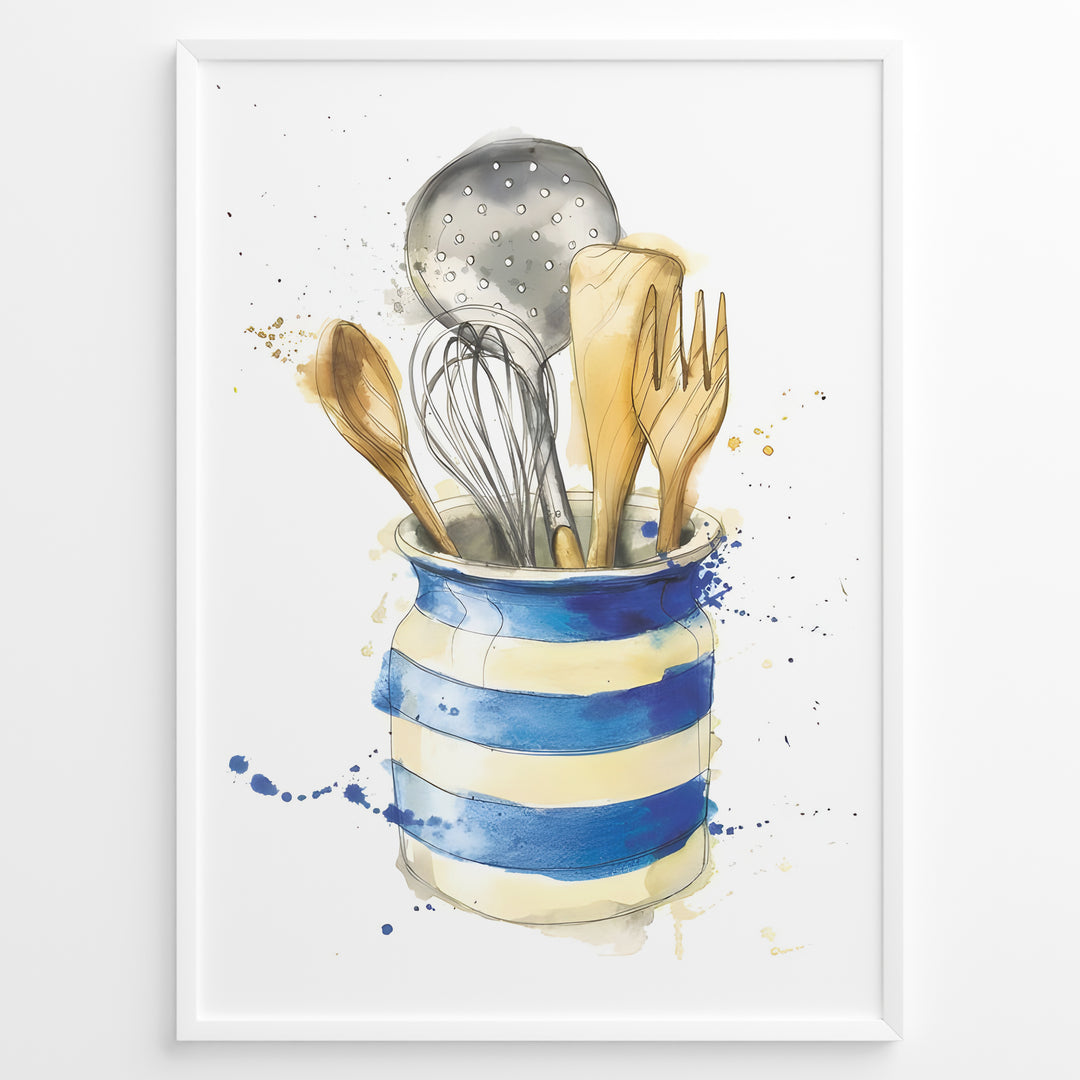 Watercolor wall art plakat of a blue-striped jar holding kitchen utensils including wooden spoons, a whisk, and a ladle—ideal for kitchen wall décor or dining area artwork.