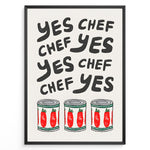 Indlæs billede til gallerivisning Funny kitchen wall art plakat with the phrase “Yes Chef” and illustrations of tomato cans—ideal for kitchen, café, or restaurant décor.
