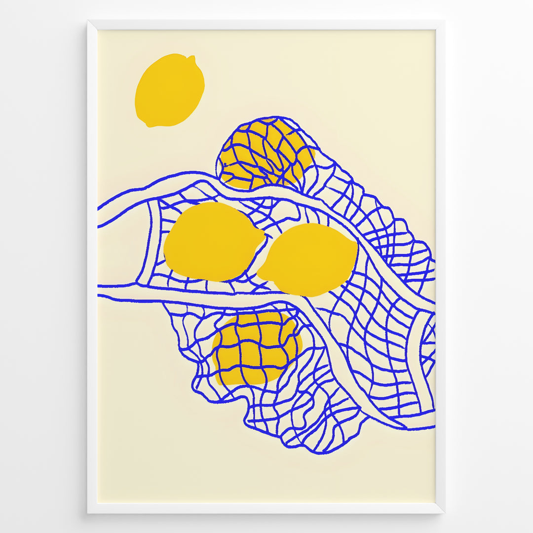 Minimalist wall art plakat of yellow lemons in a blue net pattern on a beige background—modern kitchen or dining room décor print.