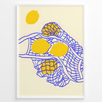 Indlæs billede til gallerivisning Minimalist wall art plakat of yellow lemons in a blue net pattern on a beige background—modern kitchen or dining room décor print.
