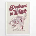 Indlæs billede til gallerivisning Funny kitchen wall art plakat with “Partners in Wine” text and cartoon wine bottle and glass characters—ideal for bar or dining room décor.
