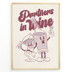 Indlæs billede til gallerivisning Funny kitchen wall art plakat with “Partners in Wine” text and cartoon wine bottle and glass characters—ideal for bar or dining room décor.
