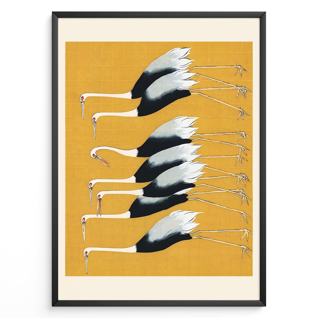 Minimalist Japanese illustration of cranes in a vertical formation on a yellow background in a framed poster.