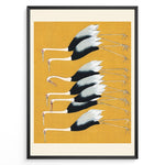 Indlæs billede til gallerivisning Minimalist Japanese illustration of cranes in a vertical formation on a yellow background in a framed poster.
