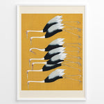 Indlæs billede til gallerivisning Minimalist Japanese illustration of cranes in a vertical formation on a yellow background in a framed poster.
