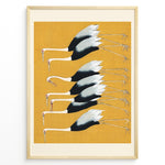 Indlæs billede til gallerivisning Minimalist Japanese illustration of cranes in a vertical formation on a yellow background in a framed poster.
