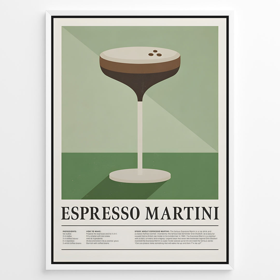 Minimalist Espresso Martini wall art plakat with cocktail glass illustration and recipe text—modern kitchen or bar décor print.