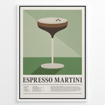 Indlæs billede til gallerivisning Minimalist Espresso Martini wall art plakat with cocktail glass illustration and recipe text—modern kitchen or bar décor print.
