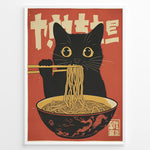 Indlæs billede til gallerivisning Retro Japanese-style illustration of a black cat eating noodles with chopsticks in a framed poster.
