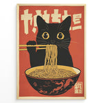 Indlæs billede til gallerivisning Retro Japanese-style illustration of a black cat eating noodles with chopsticks in a framed poster.
