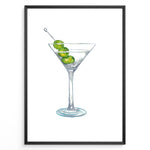 Indlæs billede til gallerivisning Watercolor illustration plakat of a martini glass with green olives—minimalist cocktail art print for kitchen or bar décor.
