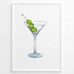 Indlæs billede til gallerivisning Watercolor illustration plakat of a martini glass with green olives—minimalist cocktail art print for kitchen or bar décor.
