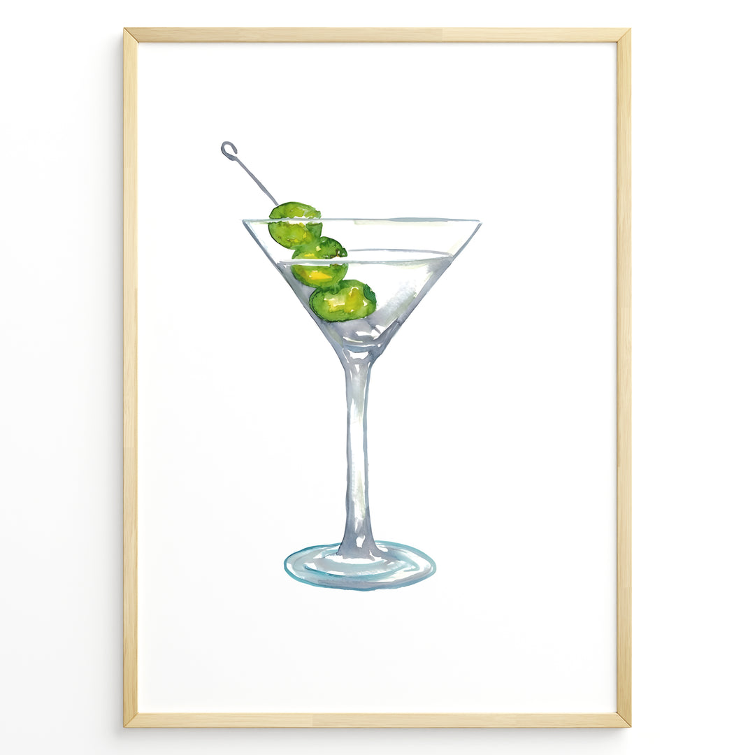 Watercolor illustration plakat of a martini glass with green olives—minimalist cocktail art print for kitchen or bar décor.