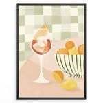 Indlæs billede til gallerivisning Abstract art print plakat of a wine glass with citrus fruits and a striped bowl on a checkered background—modern kitchen wall décor.
