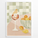 Indlæs billede til gallerivisning Abstract art print plakat of a wine glass with citrus fruits and a striped bowl on a checkered background—modern kitchen wall décor.
