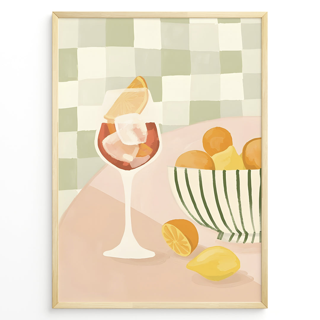 Abstract art print plakat of a wine glass with citrus fruits and a striped bowl on a checkered background—modern kitchen wall décor.