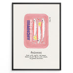 Indlæs billede til gallerivisning Retro anchovies tin illustration plakat with handwritten cooking notes—vintage-inspired kitchen wall art print.
