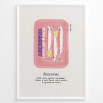 Indlæs billede til gallerivisning Retro anchovies tin illustration plakat with handwritten cooking notes—vintage-inspired kitchen wall art print.
